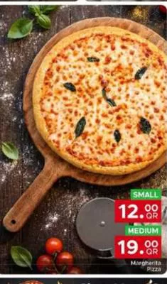 Margherita Pizza, QAR Small: 12.00 QR, Medium: 19.00 QR at Family Food Centre